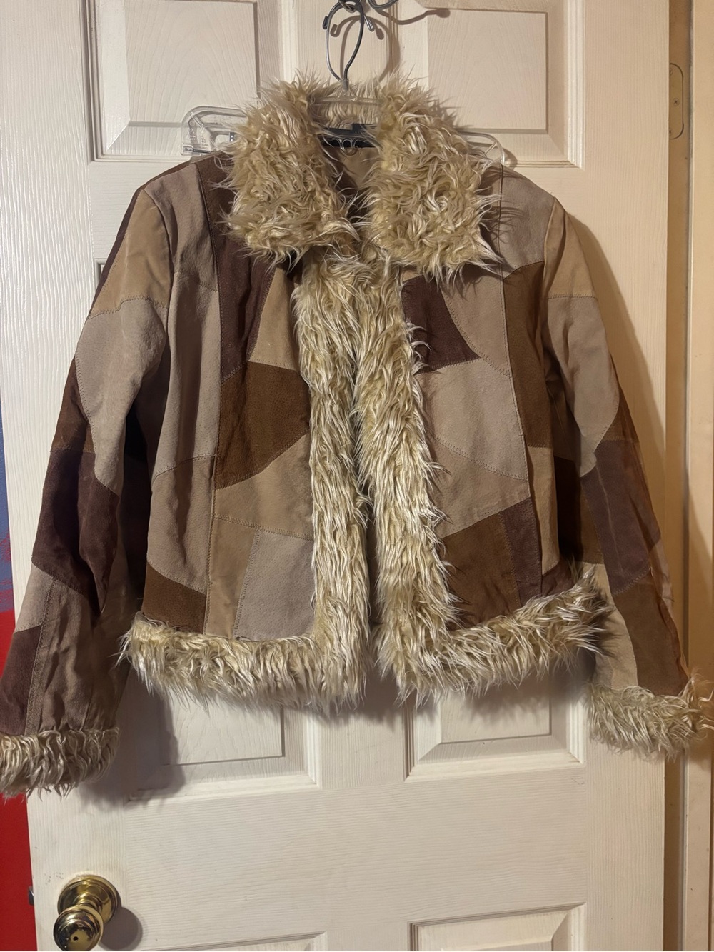 Vintage Mixit genuine Suede  leather Patch work Faux Fur trim jacket.